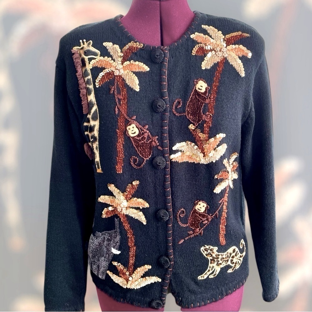 Lisa International jungle sweater, size M, sequins, beads, embroidery, adorable